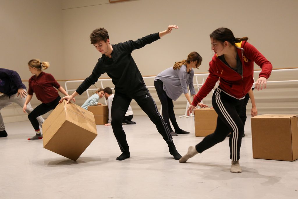 BFA Students Brendan and Alyssa rehearse Chris Scott's piece at USC Kaufman. Photo by Carolyn DiLoreto