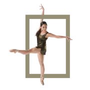 woman on pointe with right hand up and left leg out