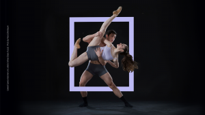 male dancer lifting female dancer with purple box surrounding them