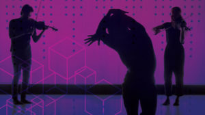 silhouette of two musicians and one dancer in front of purple background with shapes