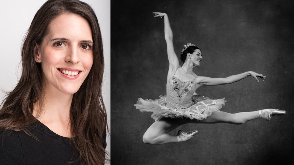 Full color headshot of Jackie Kopcsak next to black and white photo of her in an Italian pas de chat wearing a tutu