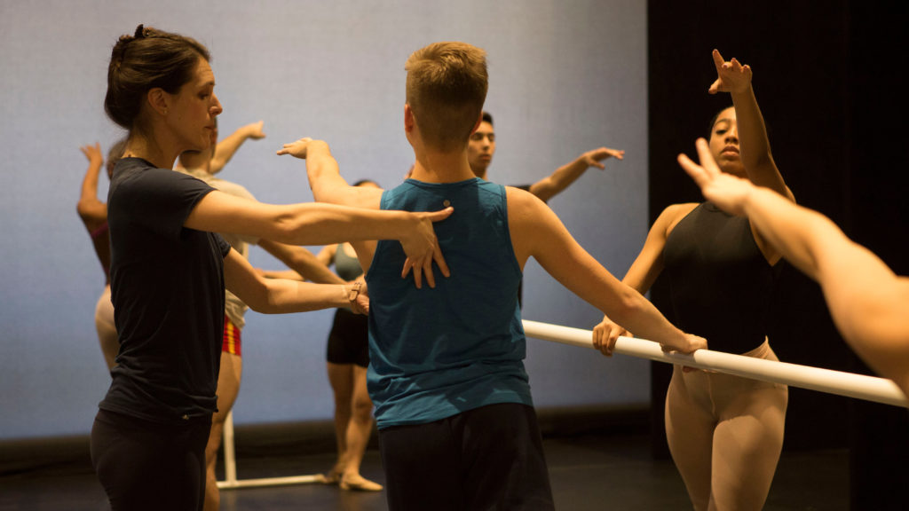 Jackie Kopcsak teaching ballet class on the USC Kaufman stage