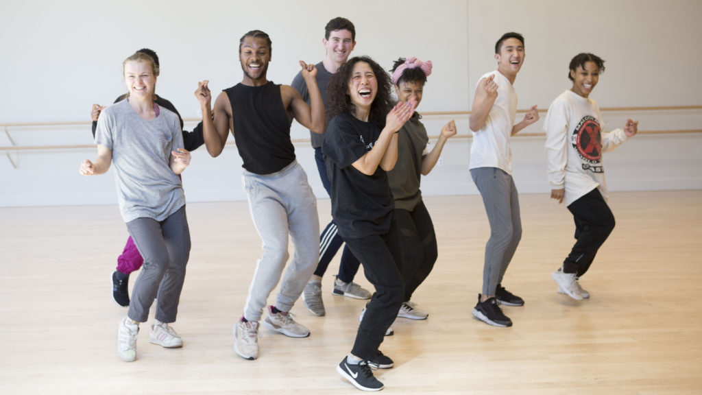 Tiffany Bong dances in line with students in a USC Kaufman studio