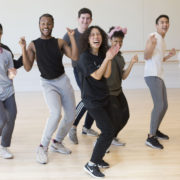 Tiffany Bong dances in line with students in a USC Kaufman studio