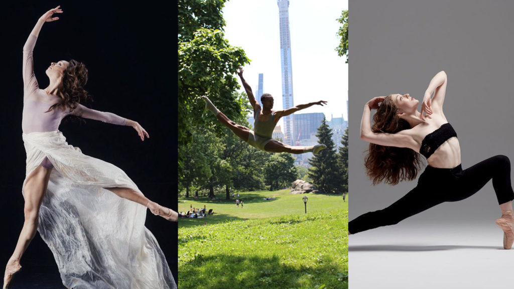 Catherine Lasak dancing in a pink shirt and flowing white skirt. Jau'mair Garland jumping in a grassy park. Hope Patterson posing in her pointe shoes.