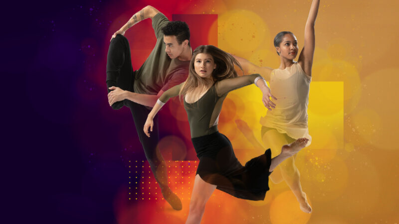 collage of three dancers in front of purple, cardinal, and gold background
