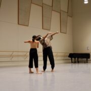 Valerie Chen and Diego Lopez dancing in a USC Kaufman studio.