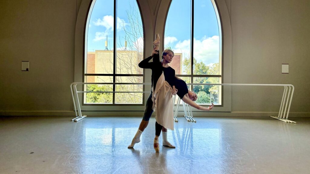 Landon Spurbeck (BFA '28) and Amara Duke (BFA '28) rehearsing for Emma Marcellana's Fresh Shesh piece | Photo by Emma Marcellana